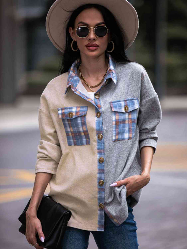 Plaid Contrast Drop Shoulder Shacket Bazaarbey