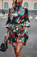 Printed Tie Waist Mock Neck Lantern Sleeve Dress -BazaarBey - www.shopbazaarbey.com