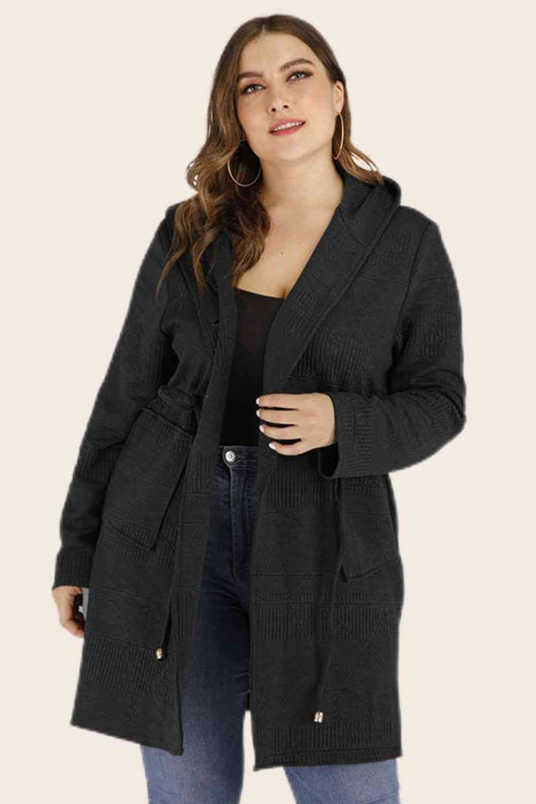  Drawstring Waist Hooded Cardigan with Pockets Trendsi