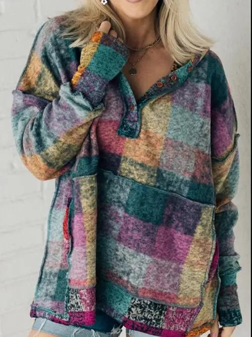 Multicolor Brushed Plaid Buttoned Pullover Oversized Hoodie Bazaarbey