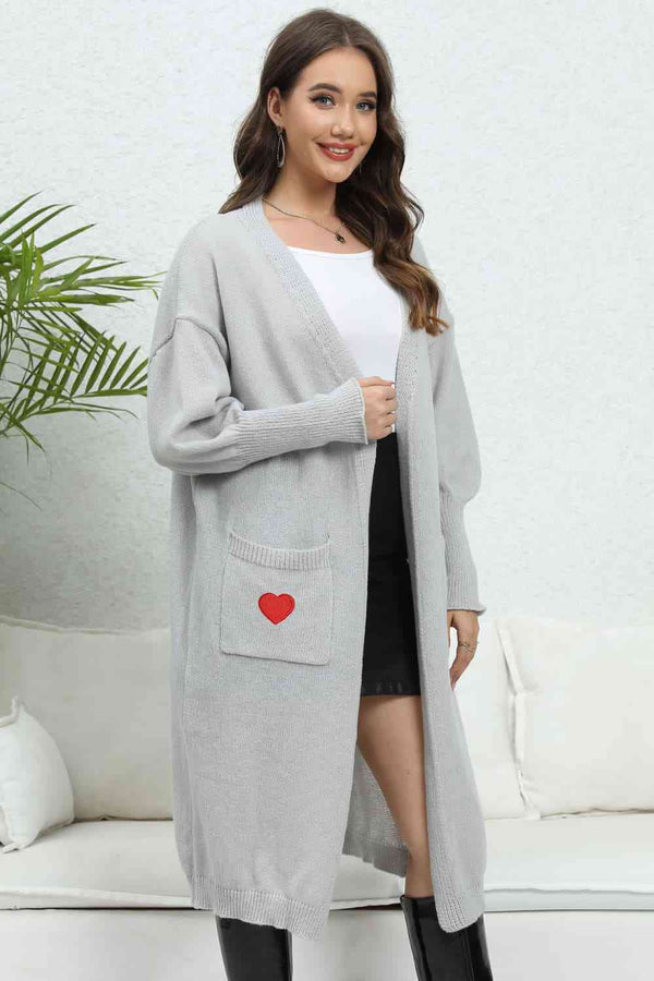 Lantern Sleeve Open Front Pocketed Cardigan Trendsi