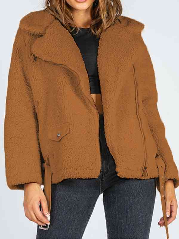 Zip-Up Belted Sherpa Jacket Trendsi