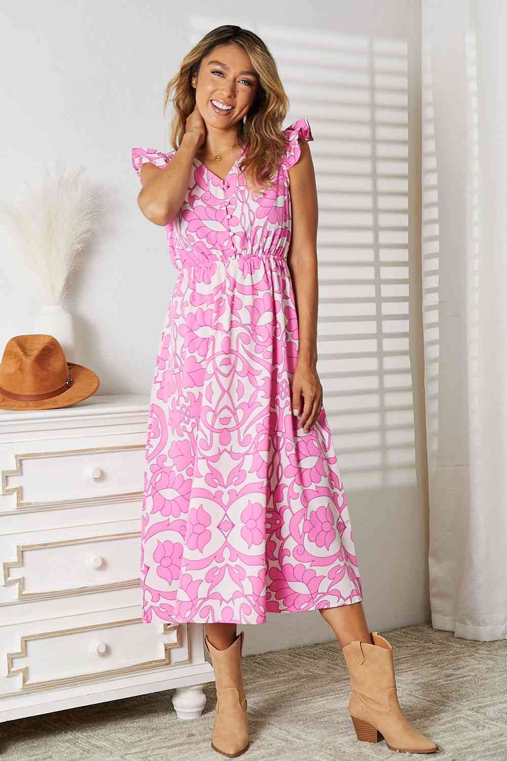  Floral V-Neck Cap Sleeve Dress -BazaarBey - www.shopbazaarbey.com