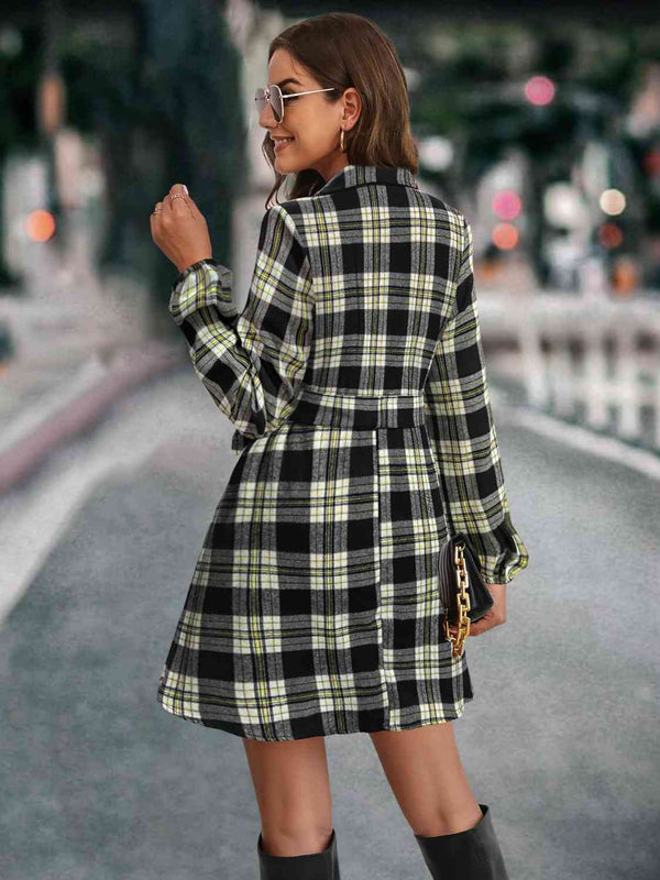 Plaid Tie Front Collared Neck Long Sleeve Dress Bazaarbey