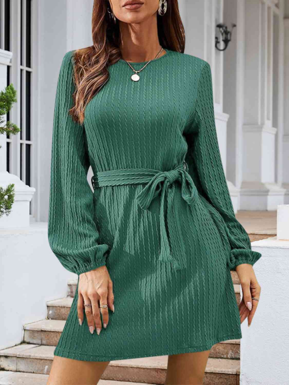 Round Neck Tie Front Long Sleeve Dress Bazaarbey