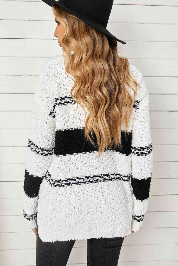 Striped V-Neck Popcorn Knit Sweater Trendsi