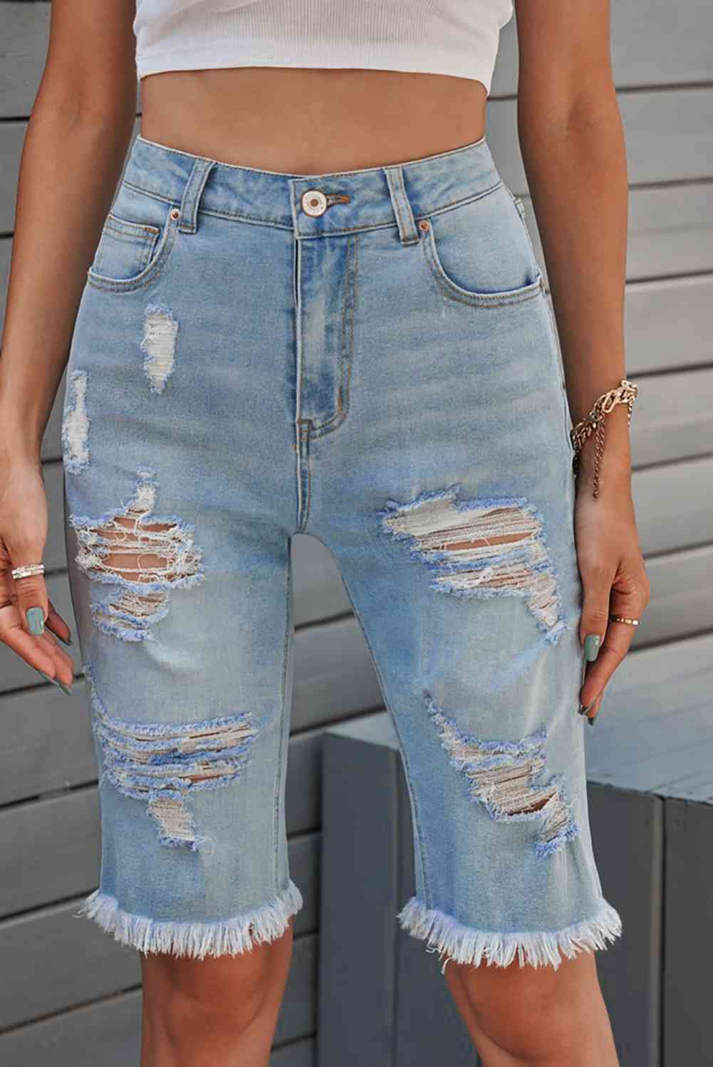 Distressed Raw Hem Denim Bermuda Shorts Bazaarbey