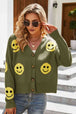 Smiley Face Ribbed Trim V-Neck Cardigan Trendsi