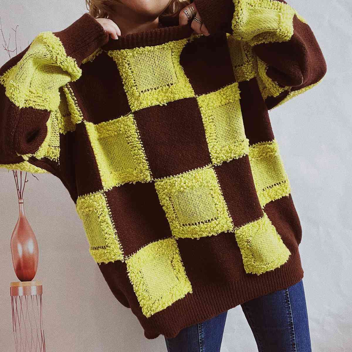 Checkered Round Neck Long Sleeve Sweater Bazaarbey