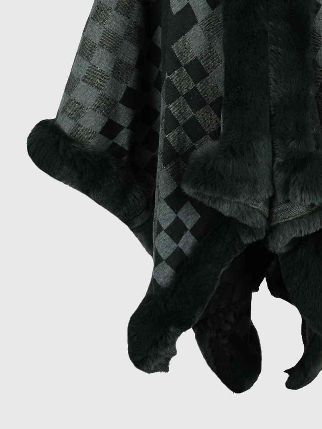 Checkered Faux Fur Trim Poncho Bazaarbey