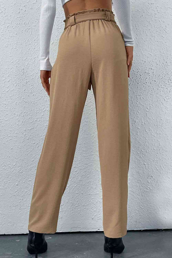 Belted Straight Leg Pants with Pockets Bazaarbey