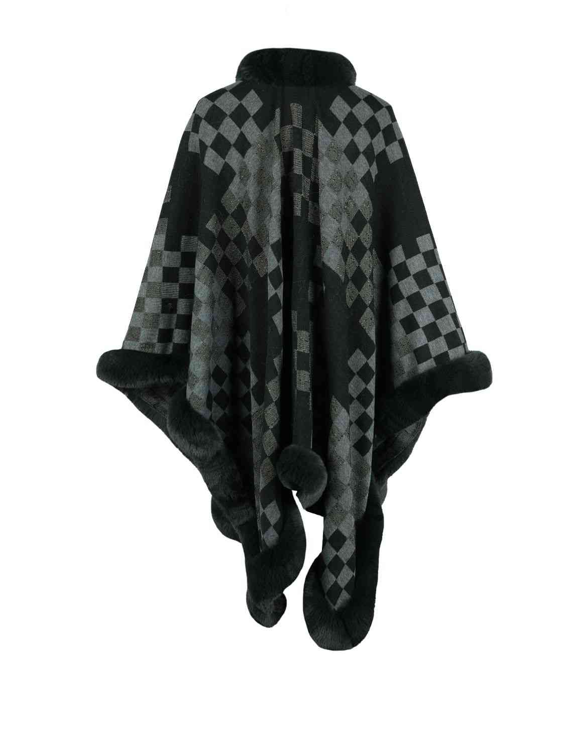 Checkered Faux Fur Trim Poncho Bazaarbey