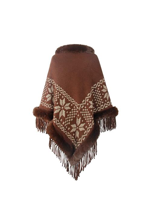 Fringe Geometric Cape Sleeve Poncho Bazaarbey