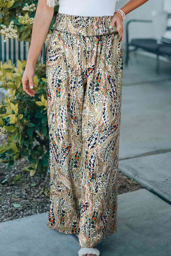 Printed Smocked Waist Wide Leg Pants Bazaarbey