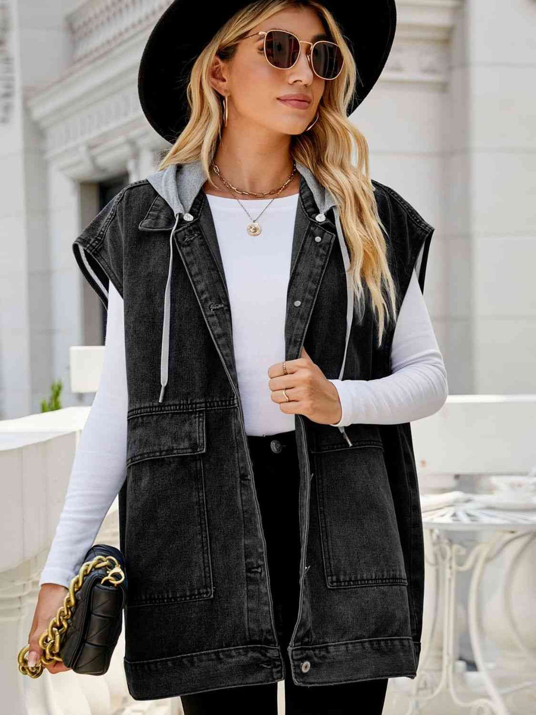 Hooded Sleeveless Denim Top with Pockets Bazaarbey