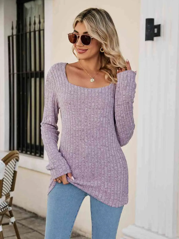 Square Neck Ribbed Long Sleeve T-Shirt Trendsi