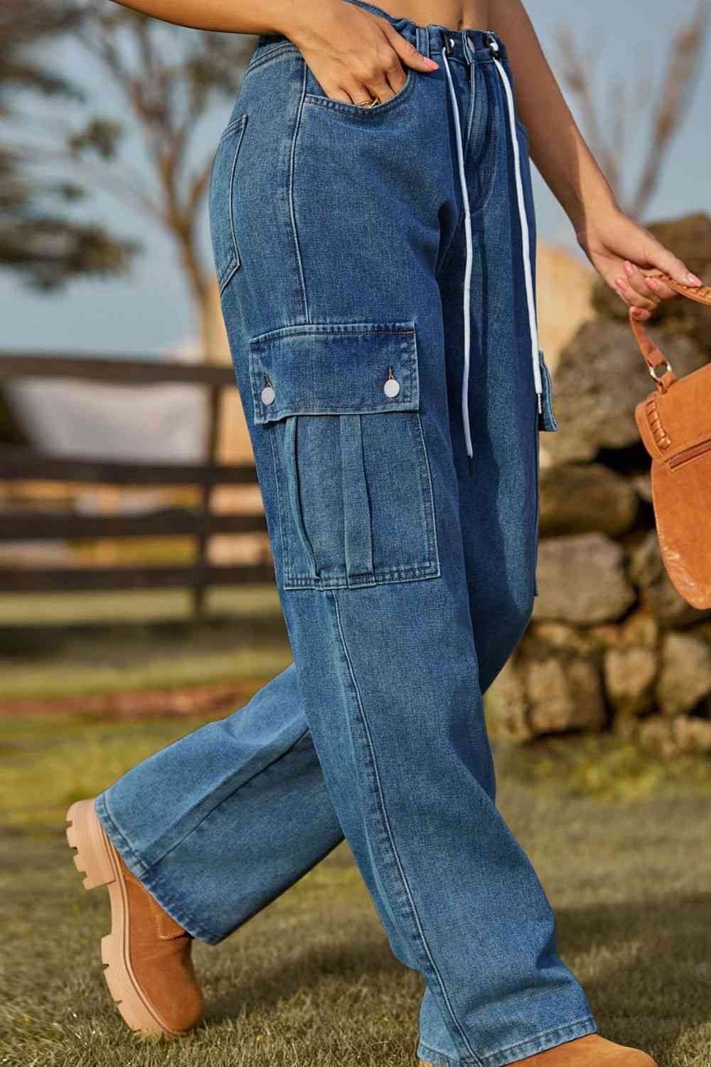 Loose Fit Drawstring Jeans with Pocket Bazaarbey