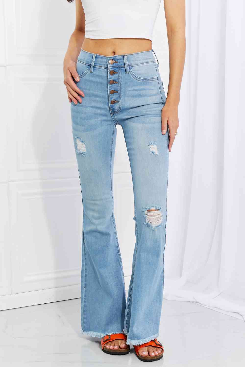 Vibrant MIU  Jess Button Flare Jeans Trendsi