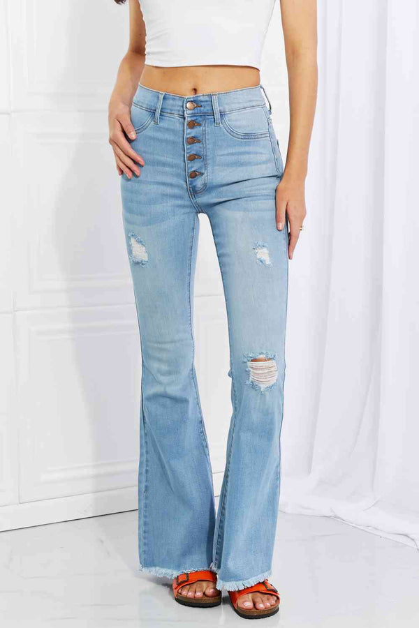 Vibrant MIU  Jess Button Flare Jeans Trendsi