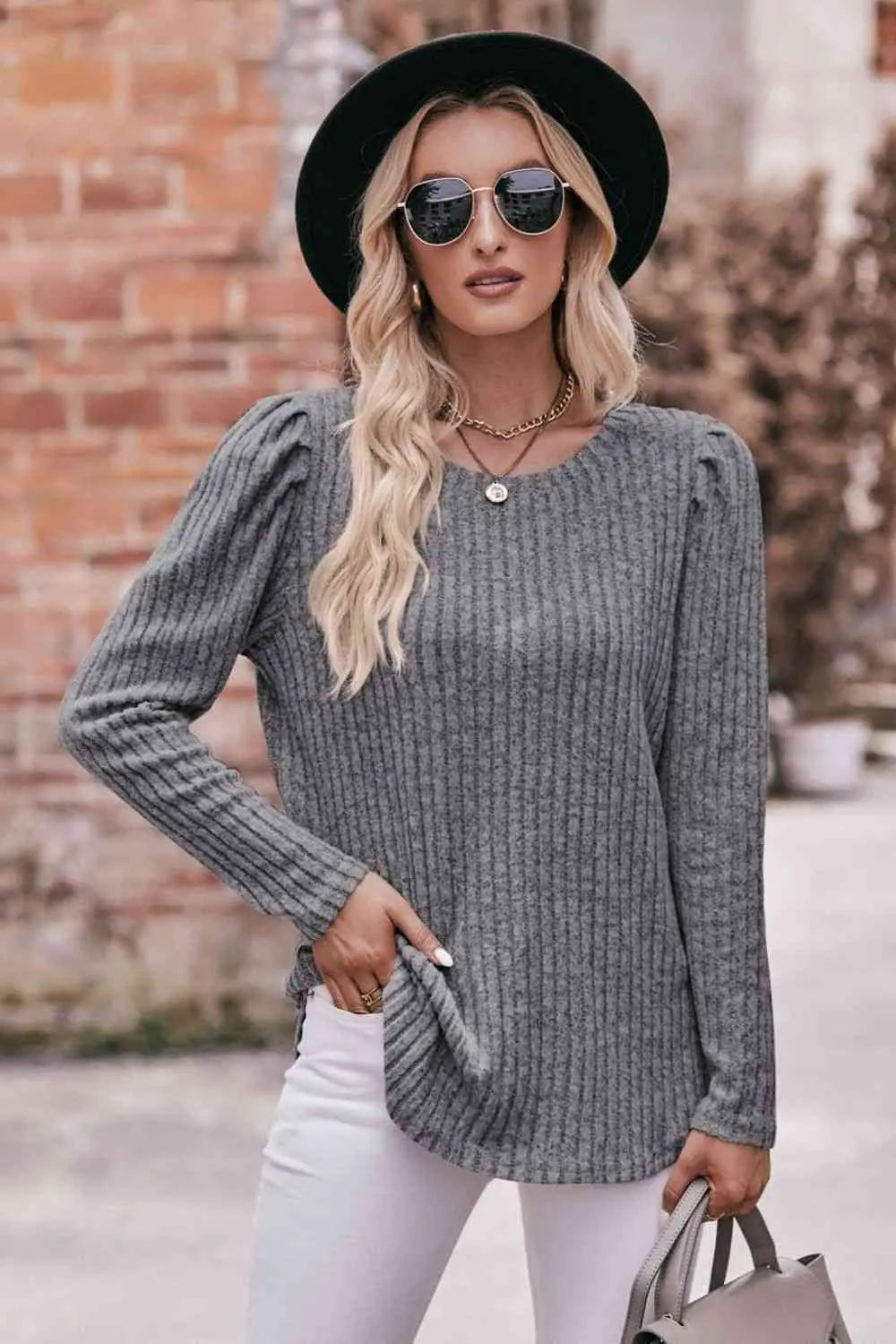  Round Neck Puff Sleeve Ribbed Top Trendsi