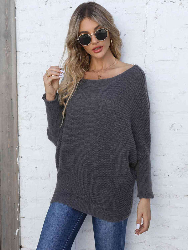 BazaarBey  Horizontal Ribbing Dolman Sleeve Sweater Bazaarbey