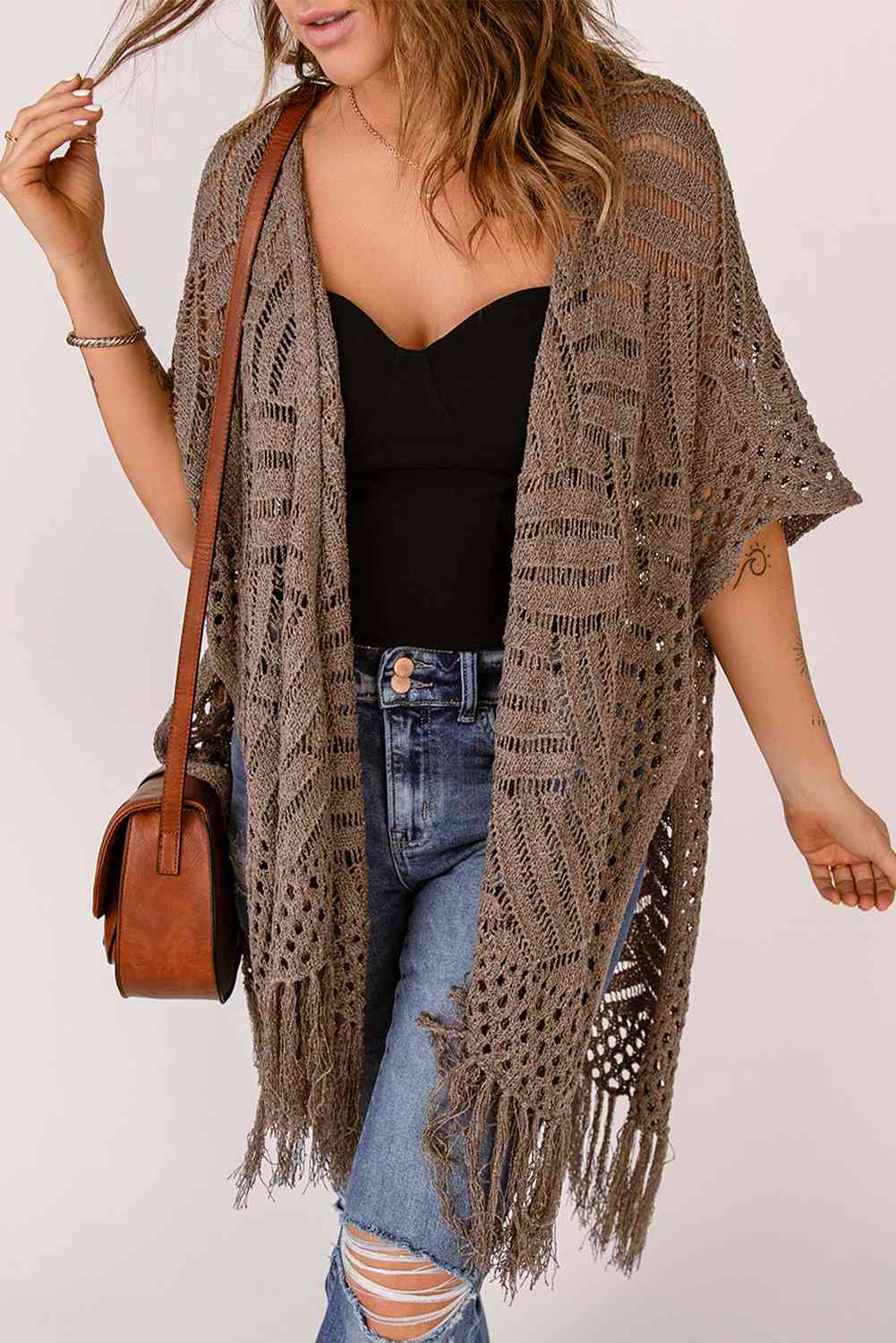 Fringe Hem Slit Open Front Cardigan Bazaarbey