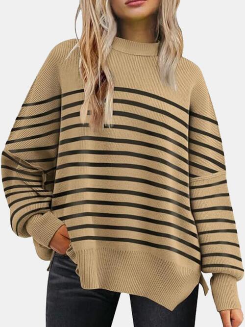 Round Neck Drop Shoulder Slit Sweater Bazaarbey