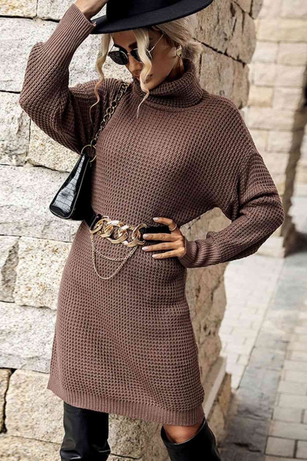 Turtleneck Dropped Shoulder Mini Sweater Dress Bazaarbey