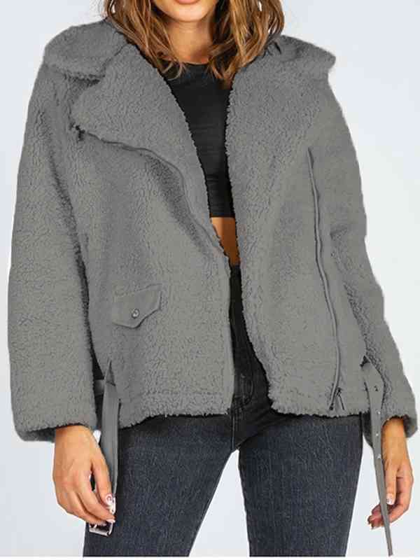 Zip-Up Belted Sherpa Jacket Trendsi