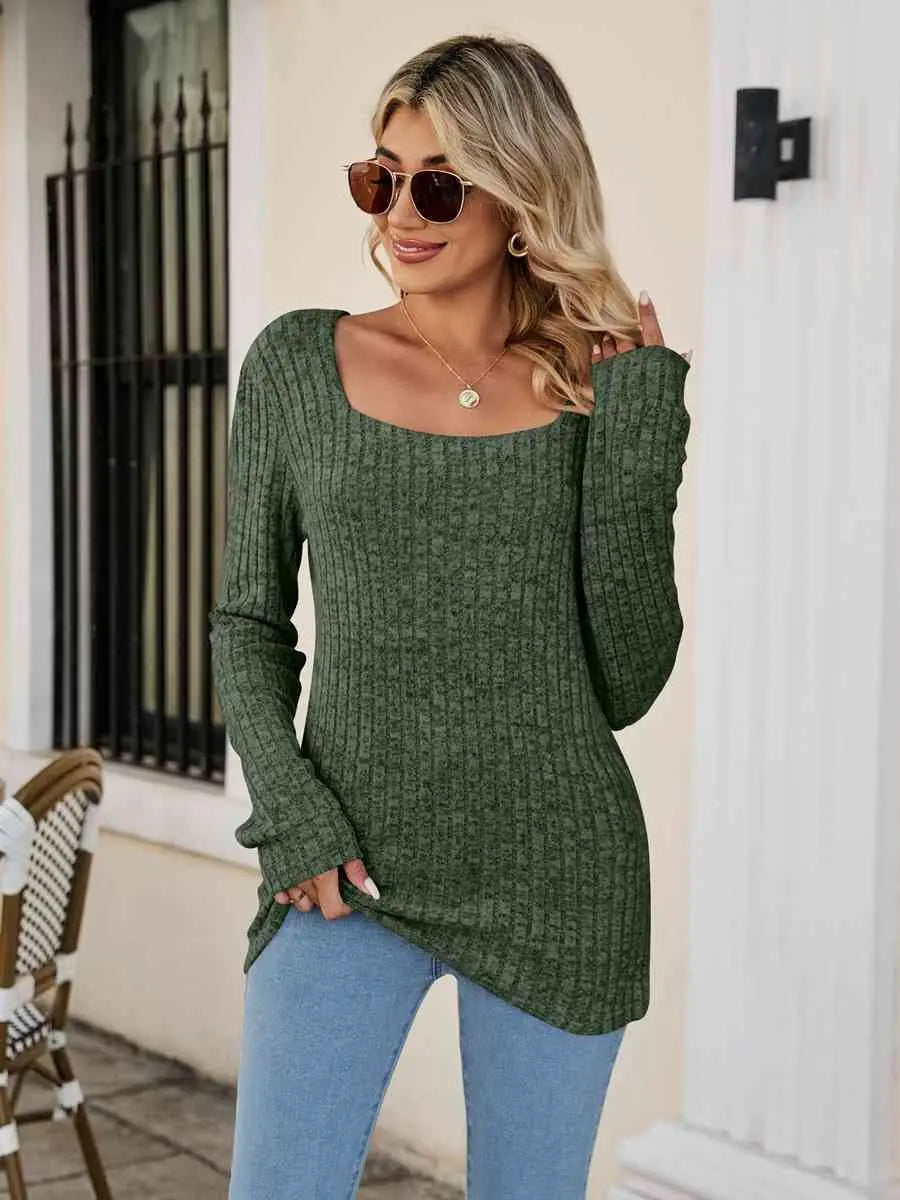 Square Neck Ribbed Long Sleeve T-Shirt Trendsi