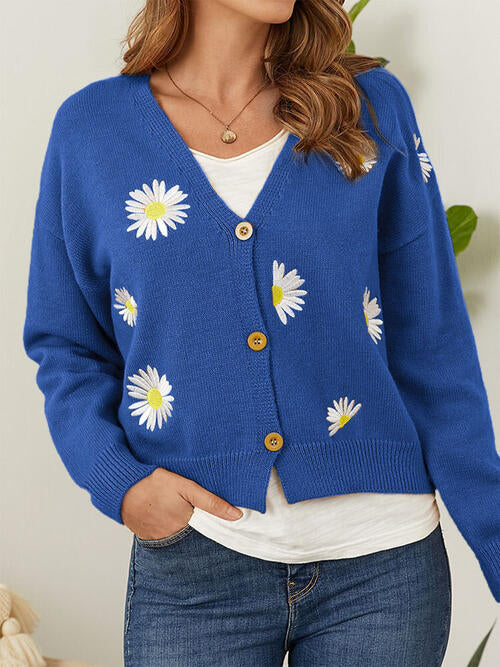 Flower Button Front Dropped Shoulder Cardigan Trendsi