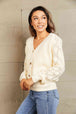 Woven Right Button Front Ribbed Lantern Sleeve Cardigan Trendsi