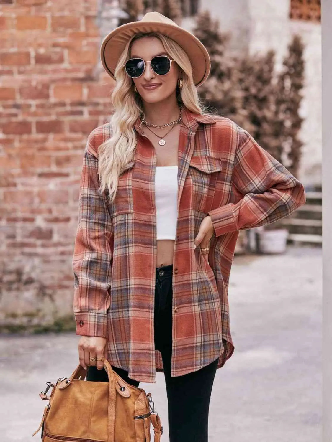 Plaid Dropped Shoulder Longline Shirt Trendsi