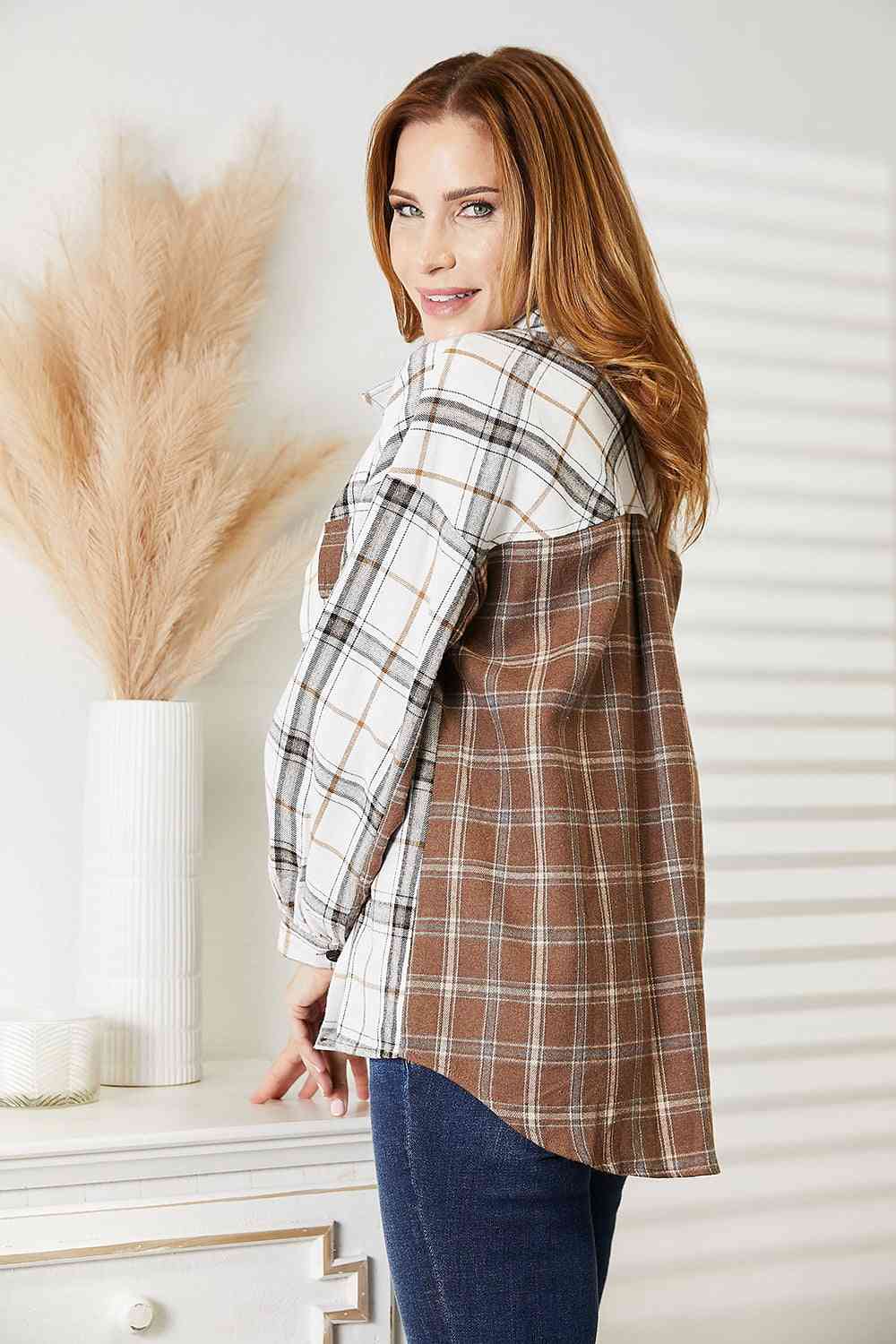  Plaid Contrast Button Up Shirt Jacket Trendsi