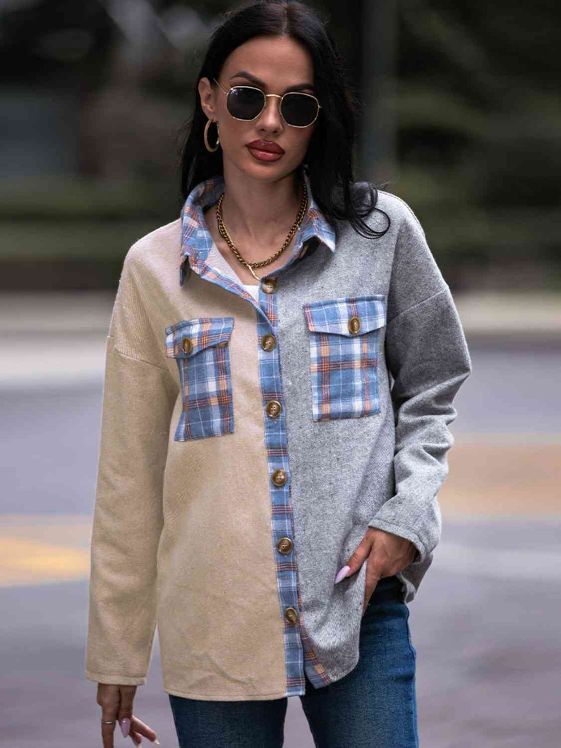 Plaid Contrast Drop Shoulder Shacket Bazaarbey