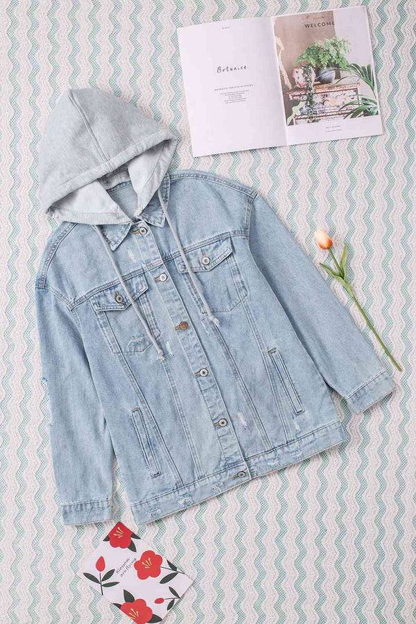 Distressed Hooded Denim Jacket Bazaarbey