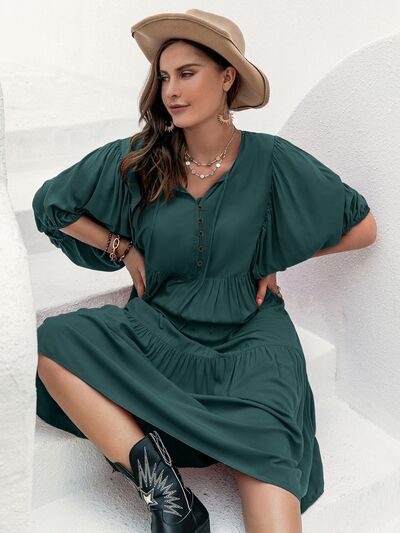 Plus Size Tie Neck Balloon Sleeve Midi Dress -BazaarBey - www.shopbazaarbey.com