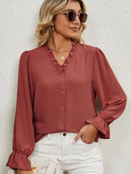 Button Up Flounce Sleeve V-Neck Shirt Bazaarbey