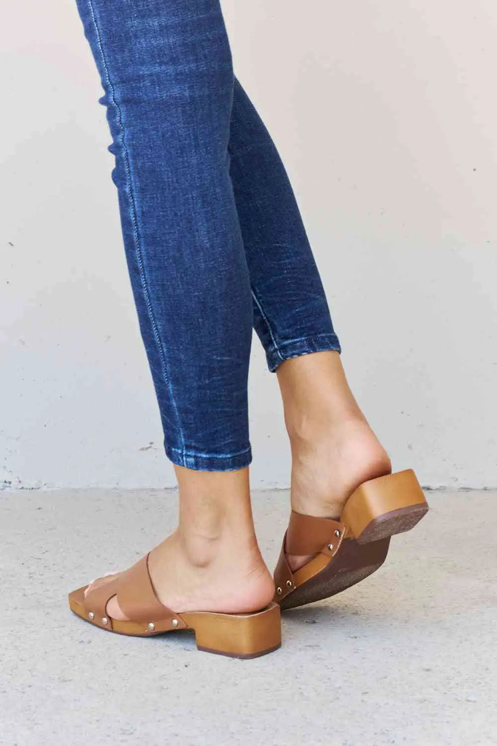  Step Into Summer Criss Cross Wooden Clog Mule in Brown Trendsi