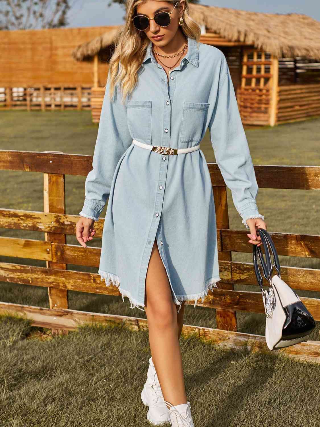 Button Up Collared Neck Raw Hem Denim Dress Trendsi