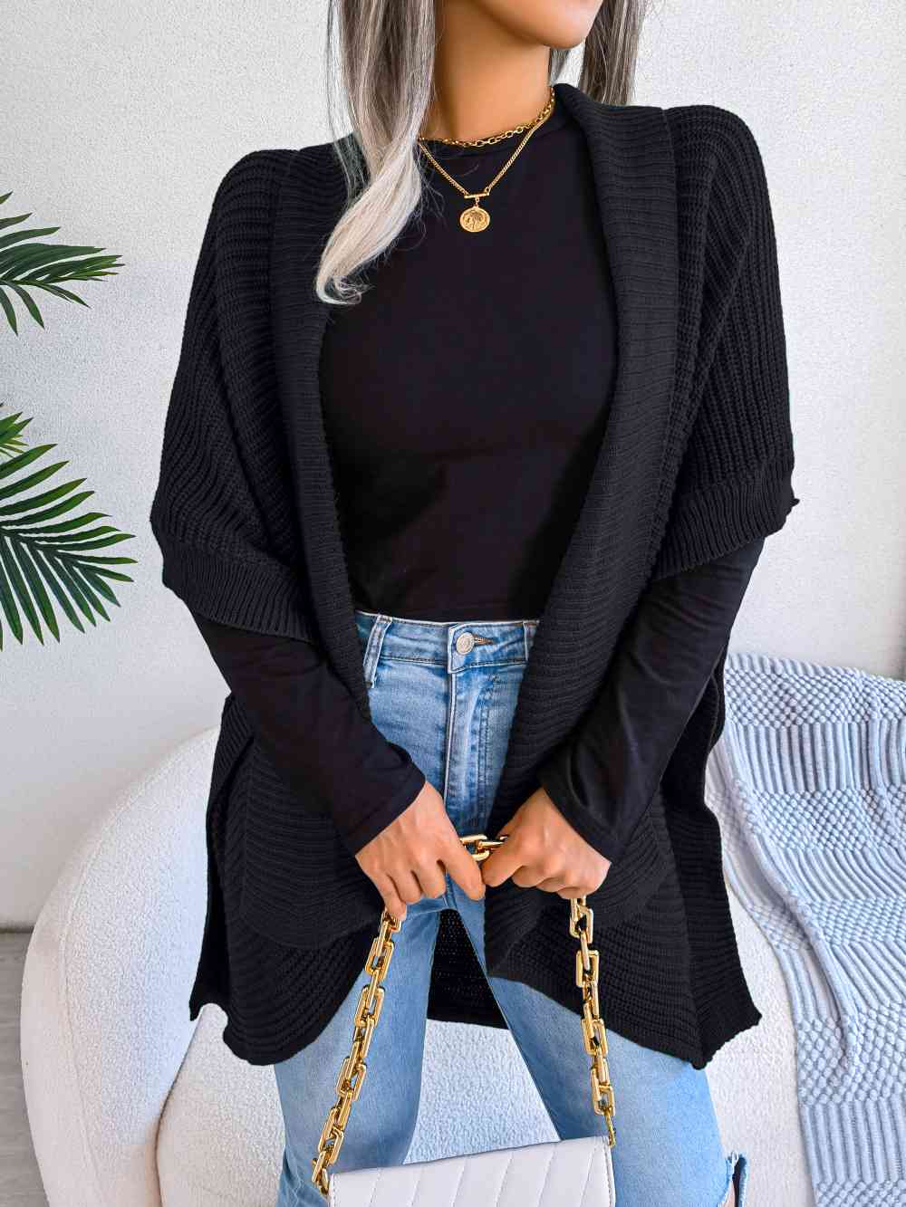 Horizontal Ribbing Open Front Slit Cardigan Trendsi