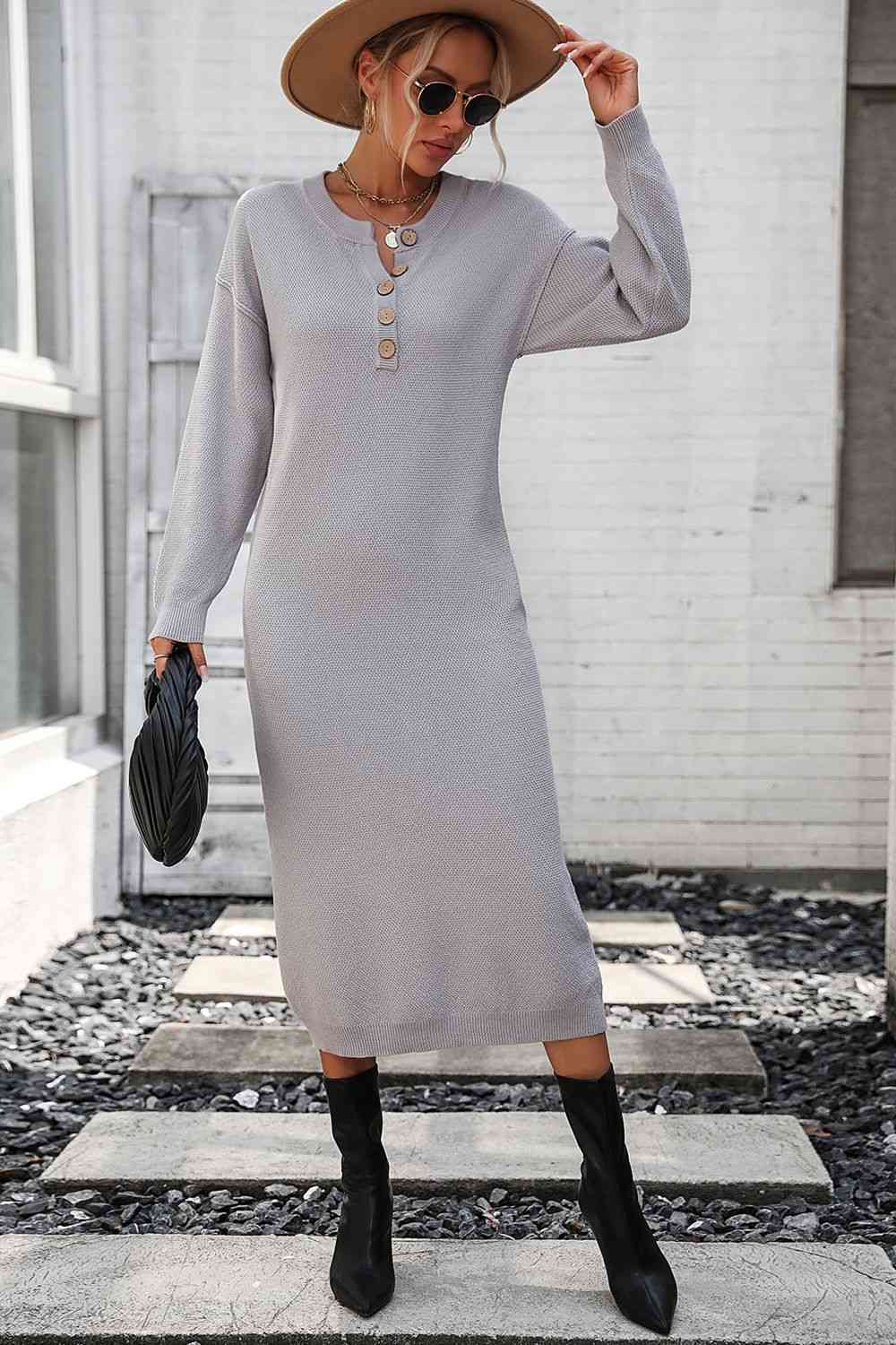 Notched Neck Dropped Shoulder Button-Down Midi Dress Bazaarbey