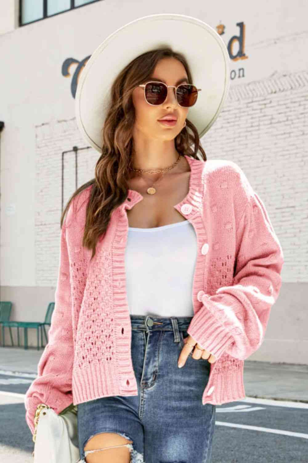 Woven Right Openwork Pompom Puff Sleeve Cardigan Trendsi