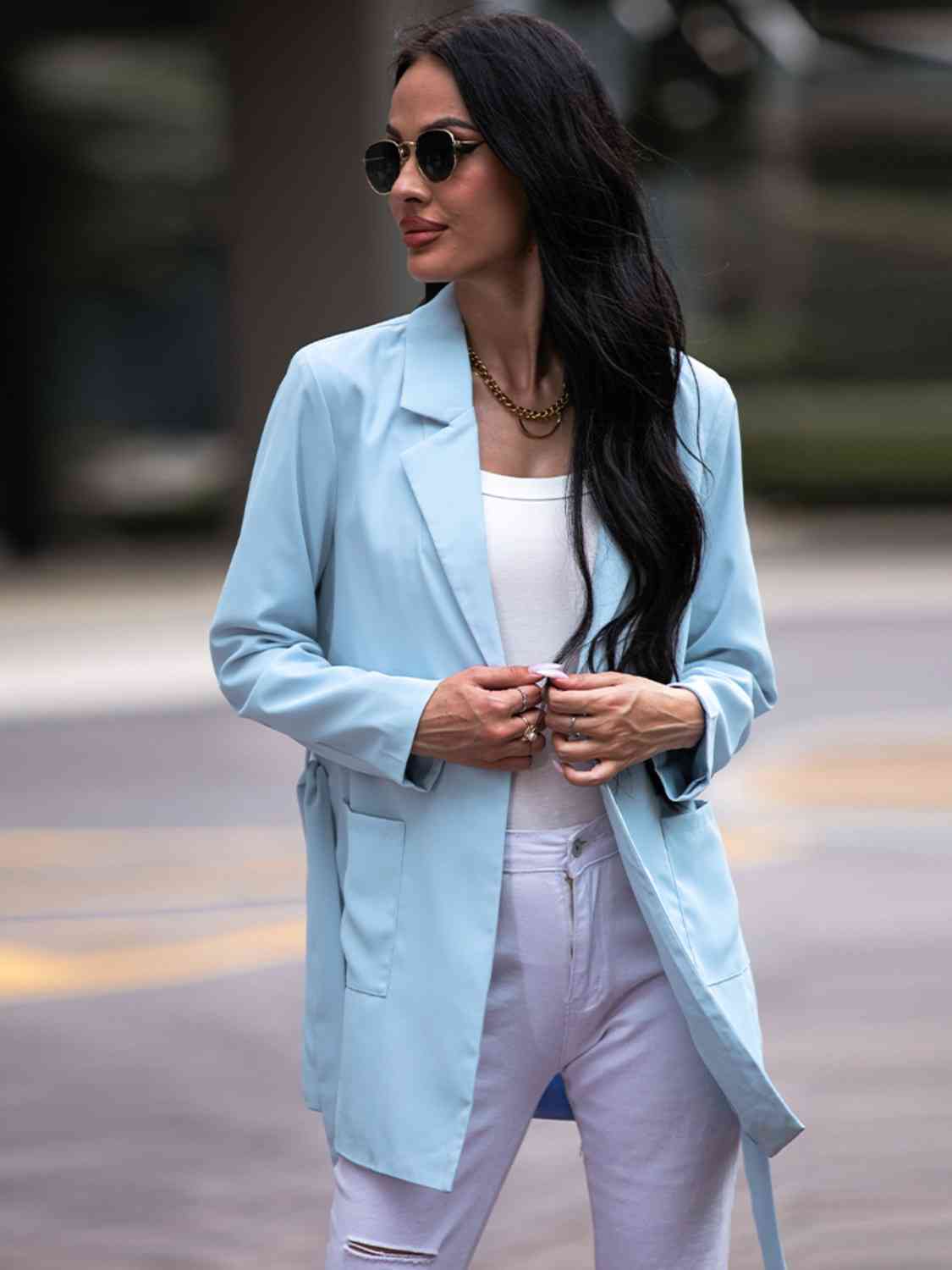 Tie Waist Long Sleeve Blazer Trendsi