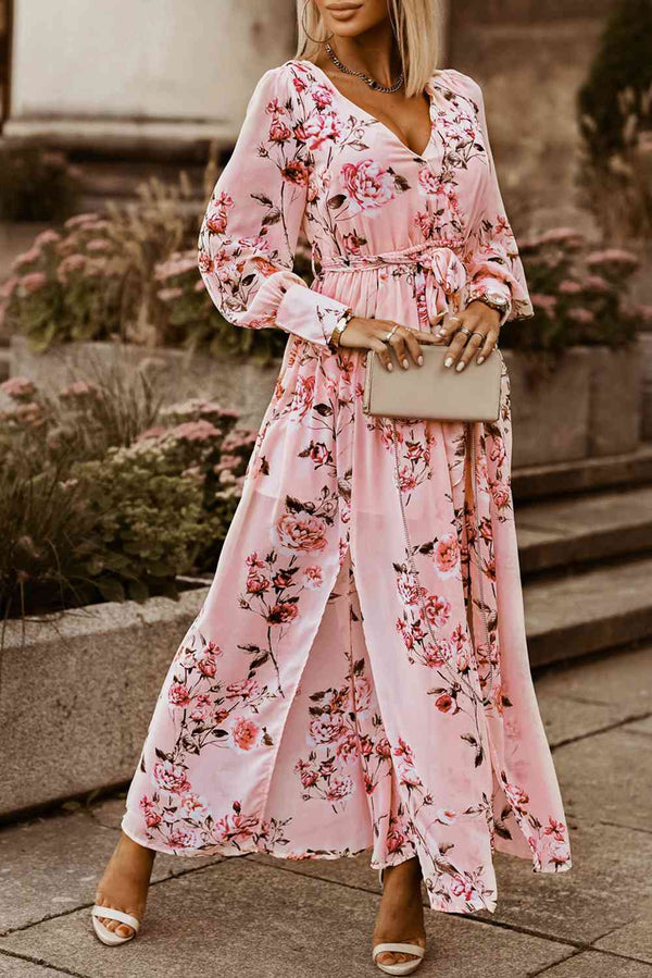 Floral Tie Belt Bishop Sleeve Slit Maxi Dress Bazaarbey