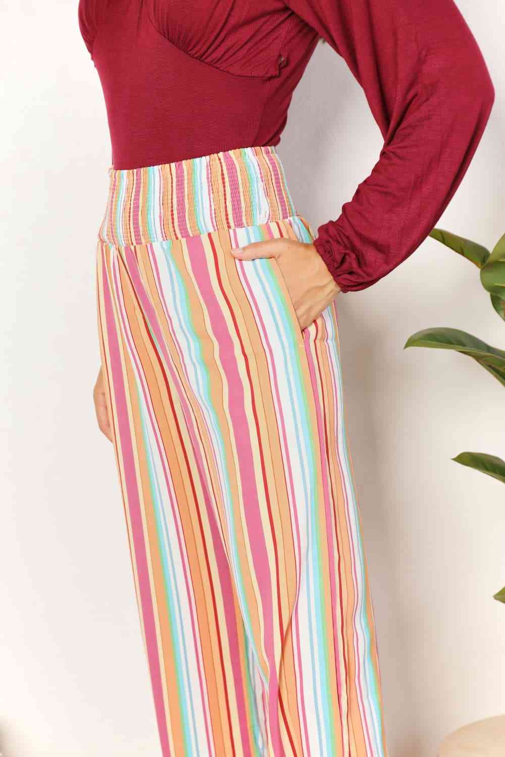  Striped Smocked Waist Pants with Pockets Bazaarbey