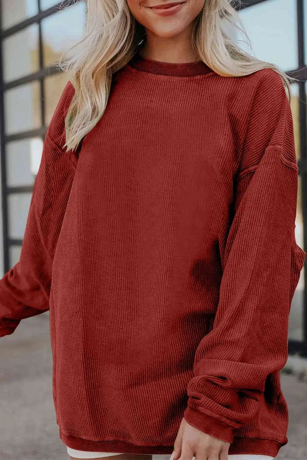 Ribbed Round Neck Drop Shoulder Sweatshirt Bazaarbey