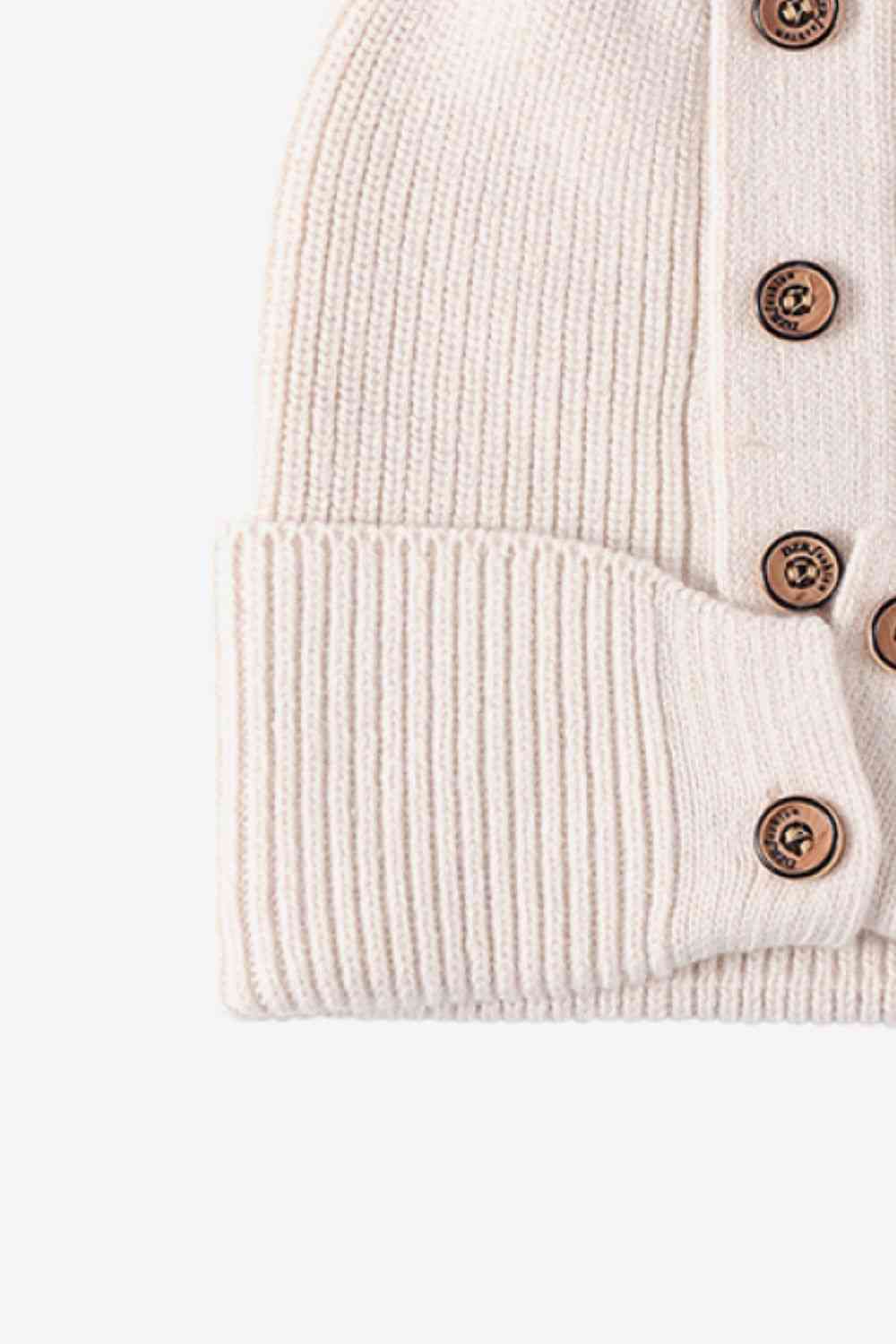 Button Detail Rib-Knit Cuff Beanie Trendsi