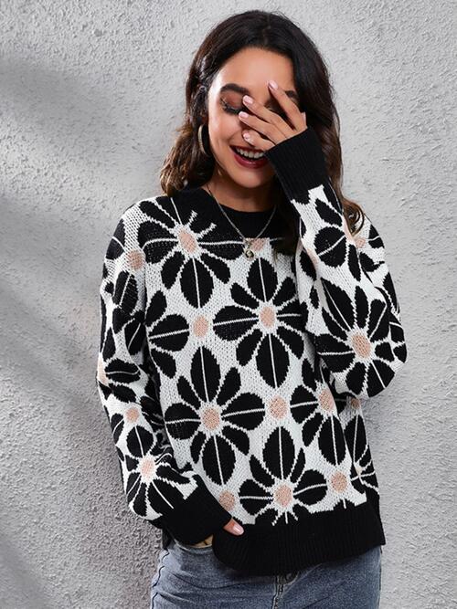 Floral Round Neck Long Sleeve Sweater Bazaarbey