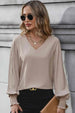 Pleated Lantern Sleeve V-Neck Blouse Trendsi